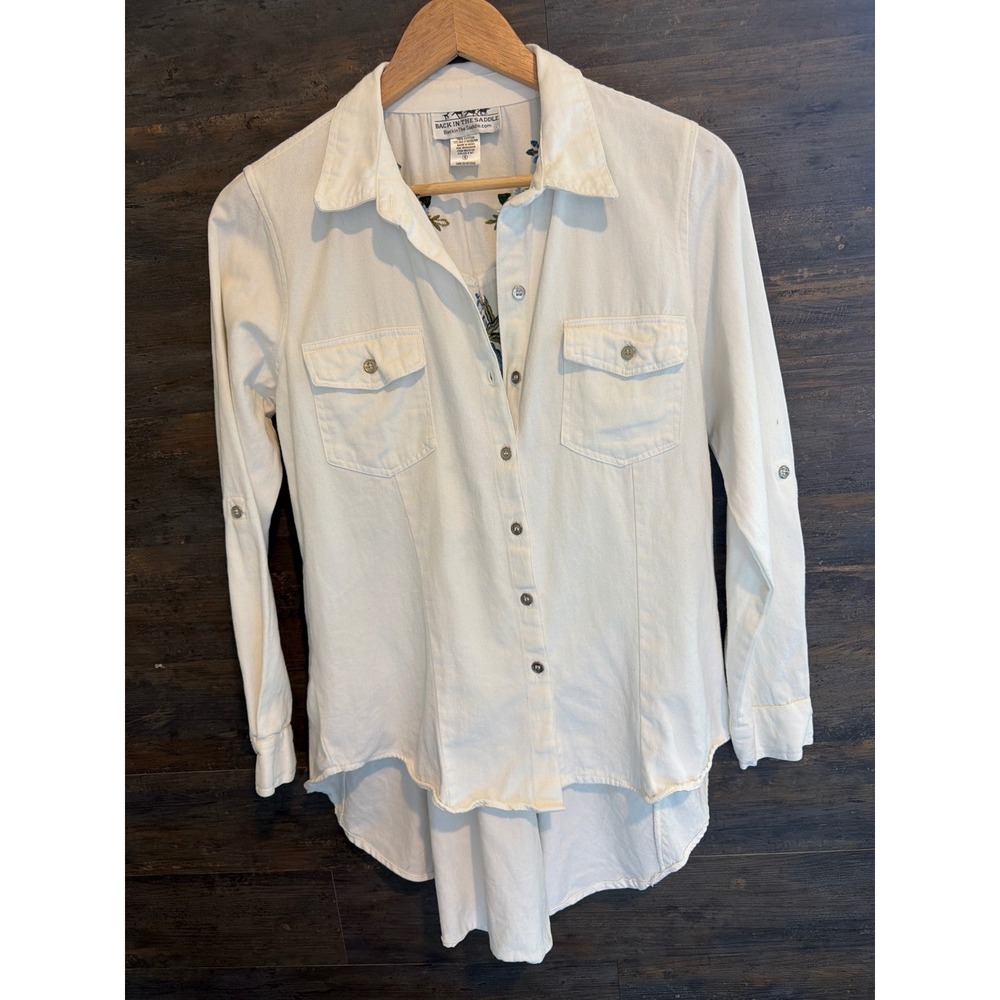 Back In The Saddle White Denim Floral Embroidered Western Shirt Small BA9100